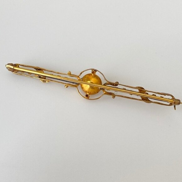 Vintage 10k Solid Yellow Gold Pearl Leaf Accents Bar Shaped Brooch Pin - Picture 3 of 7